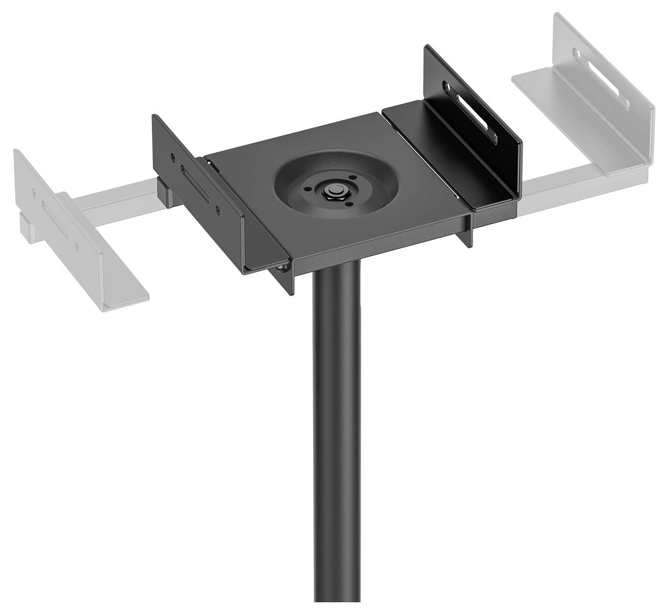 Metallic ceiling-mounted TV bracket with adjustable side arms, central mounting point, and a black vertical support rod.