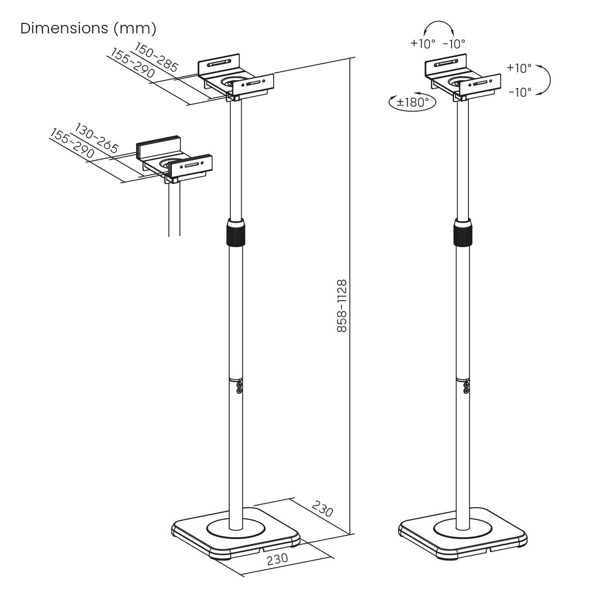 Figure of an adjustable stand with dimensions. Measurements: Height 858-1118 mm, other measurements on the mounting side are shown.