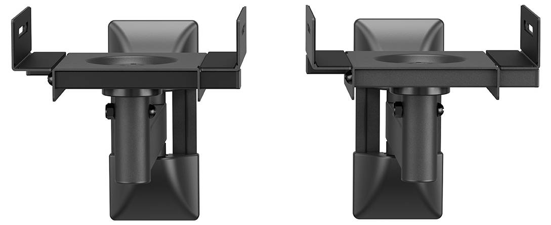 Two black, robust monitor mounts side by side. Each mount has a sturdy, box-shaped design with movable components.
