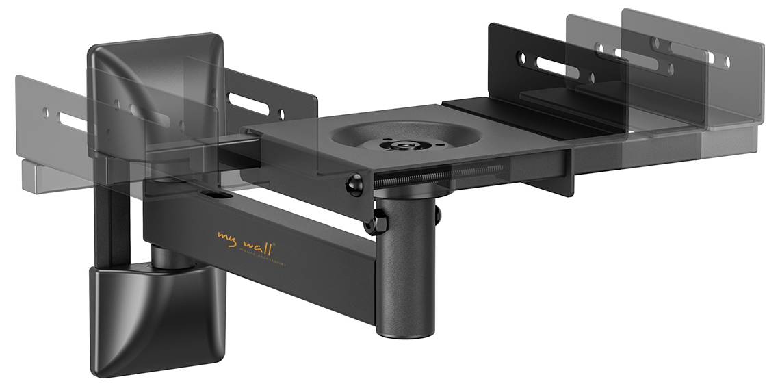 Black metal wall mount with pivoting extendable mechanism. Suitable for mounting TV sets or monitors.