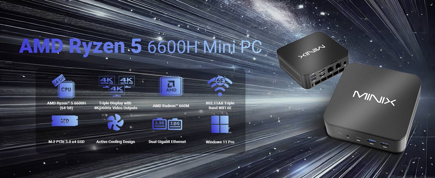 Minix Mini PC NGC NR660 AMD Ryzen 5 6600H 4.5 GHz 16 GB RAM 512 GB SSD AMD AMD Radeon 660 512GB SSD NGC NR660-5