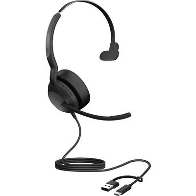 Black USB headset with microphone, suitable for telephone calls and video conferences, showing an ear cushion and cable connection.