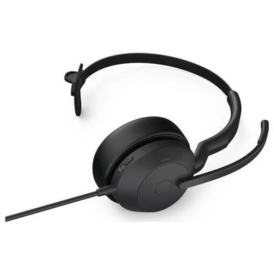 A black headset with a microphone arm and padded ear cups. Perfect for calls or online meetings.