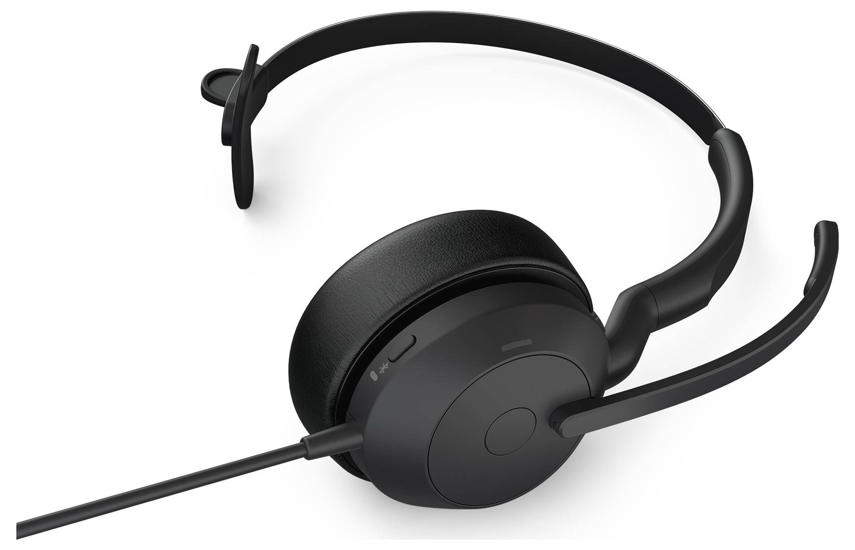 A black headset with a microphone arm and a cable, used for computer and telephone communication.