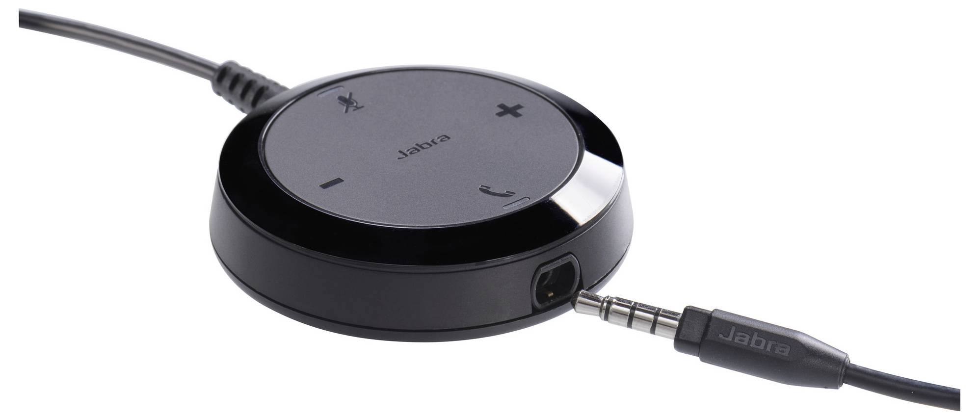A black, round speaker adapter with cable and 3.5mm audio plug. Buttons for volume, mute and call control.