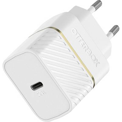 A white USB charger with a European plug and the marking '20W'.