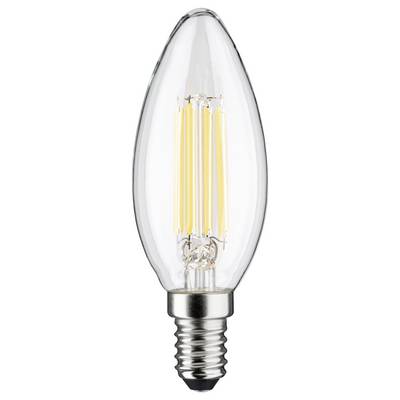 Clear candle-shaped light bulb with visible LED filaments and screw base.