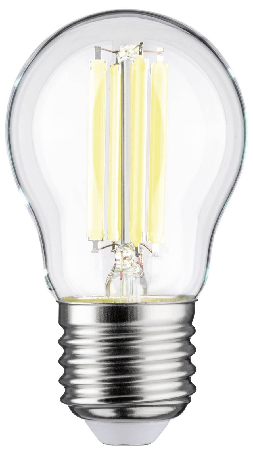 Light bulb with visible filaments, gleaming metal base and clear glass bulb.