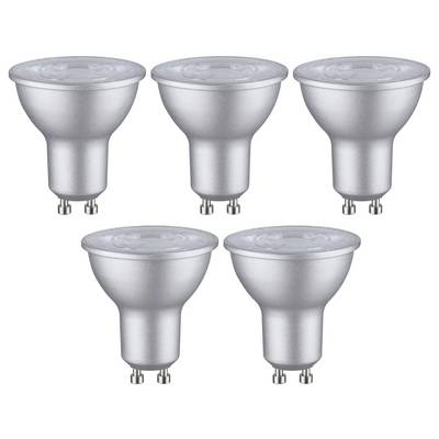 Five LED light bulbs in silver colour, GU10 fitting, arranged in two rows. Suitable for energy-efficient lighting.