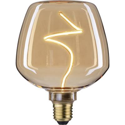 A stylish light bulb with a decorative, curved filament inside. The bulb emits a warm, amber-toned glow.
