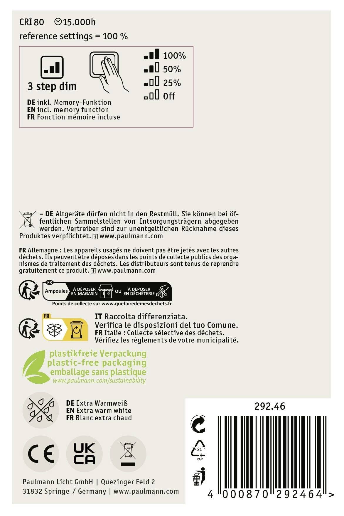 Label of an LED lamp with information on light colour, functions (e.g. Memory), step-dimming levels and packaging material.