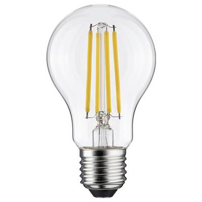 A clear LED light bulb with visible filaments and a standard screw base against a white background.