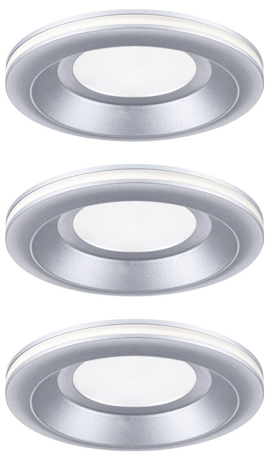 Three round silver LED ceiling lights, evenly spaced, each with a centrally positioned diffused light panel.