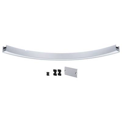 Curved aluminium profile with accompanying accessories underneath, including two black mounting brackets and a small cover plate with screw holes.