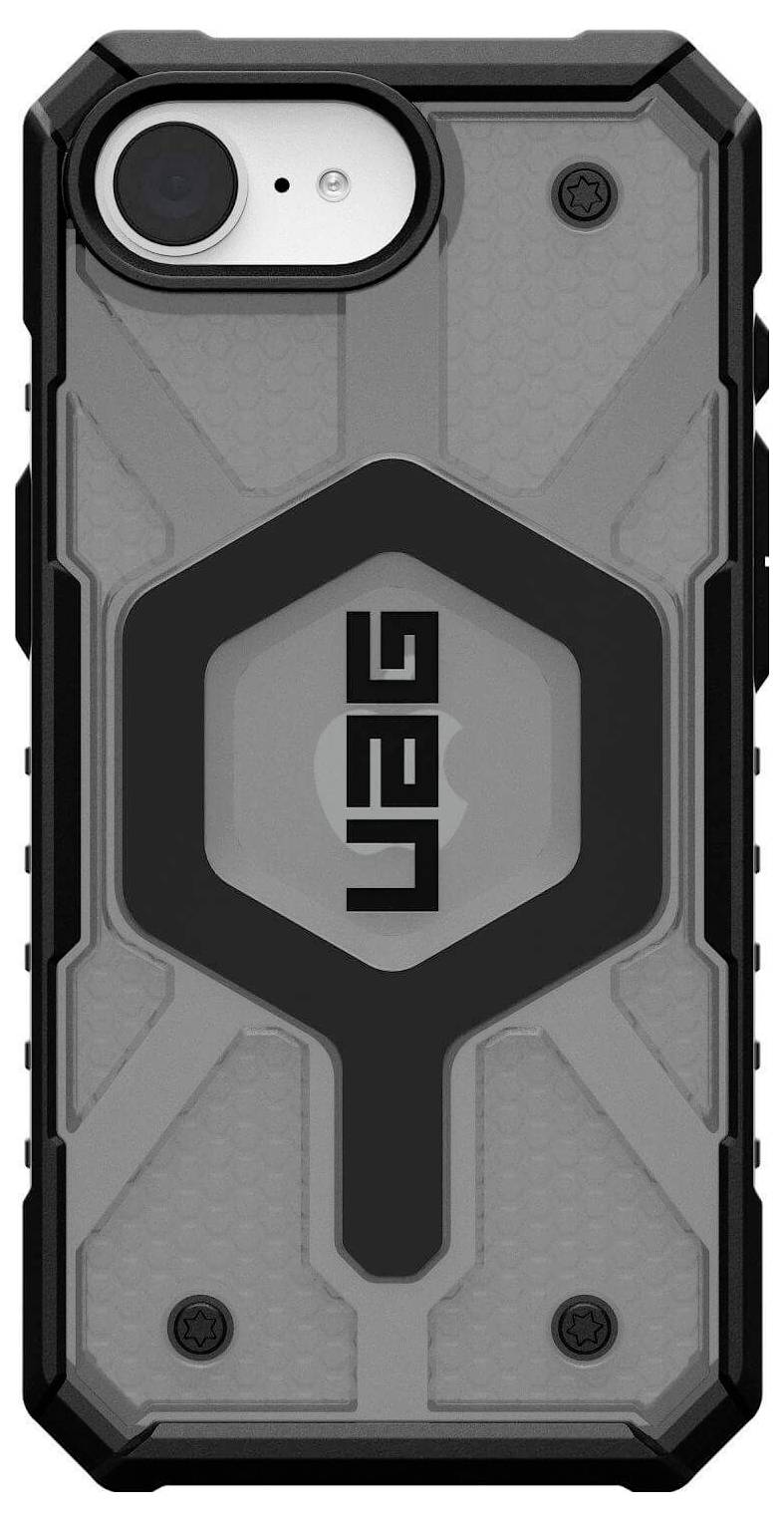 Smartphone in a robust, grey-black protective case with a striking design. The case features a hexagonal pattern and a logo in the centre.
