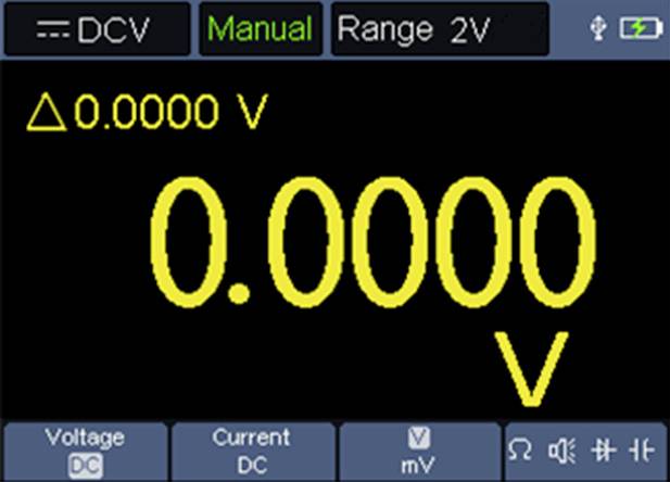 A digital multimeter display showing '0.0000 V' with options for DC voltage, current, and range of 2V, indicating manual mode.