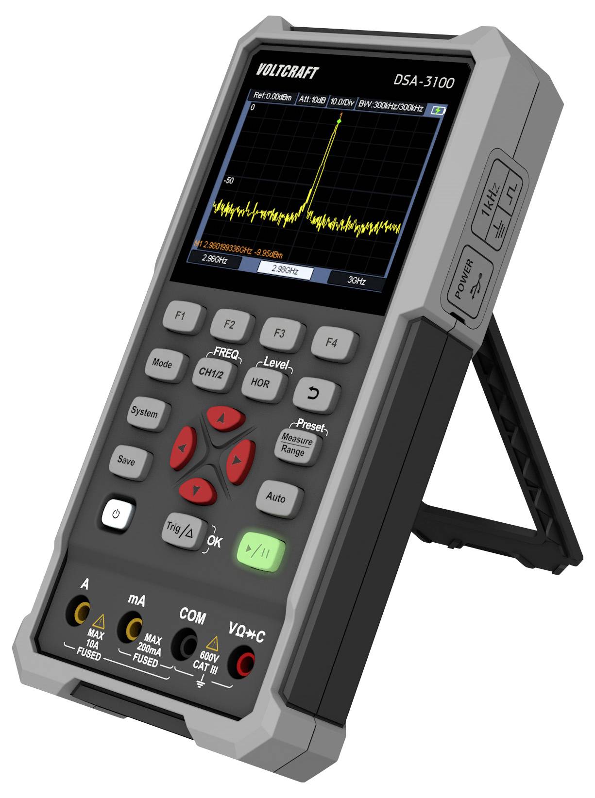 'Handheld digital spectrum analyzer with color display showing frequency spectrum. Buttons for control and navigation are below the screen.'