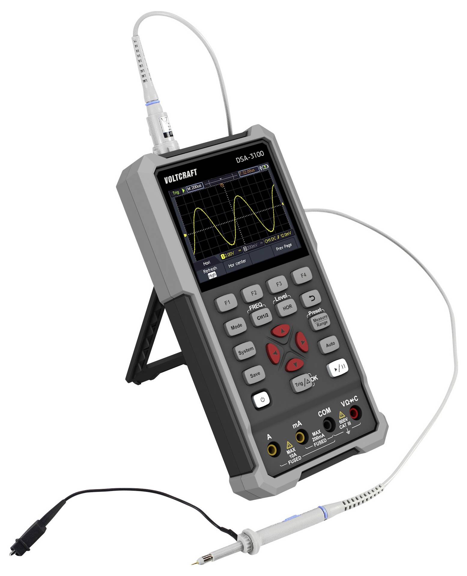 A handheld digital oscilloscope displaying a waveform on its screen, surrounded by various control buttons and connected probes.