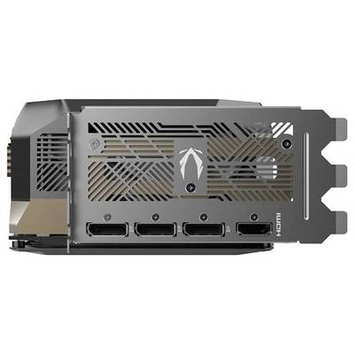 Rear view of a graphics card with ventilation slots and multiple connection ports for DisplayPort and HDMI.
