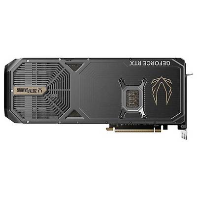 Graphics card with 'GEFORCE RTX' and 'ZOTAC GAMING' labelling on a black chassis, showing technical fan structure and connection points.
