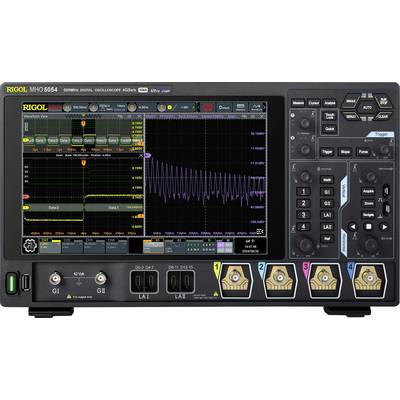 A digital oscilloscope with a colour display shows various measurement data and wave diagrams. Buttons and connectors are visible.