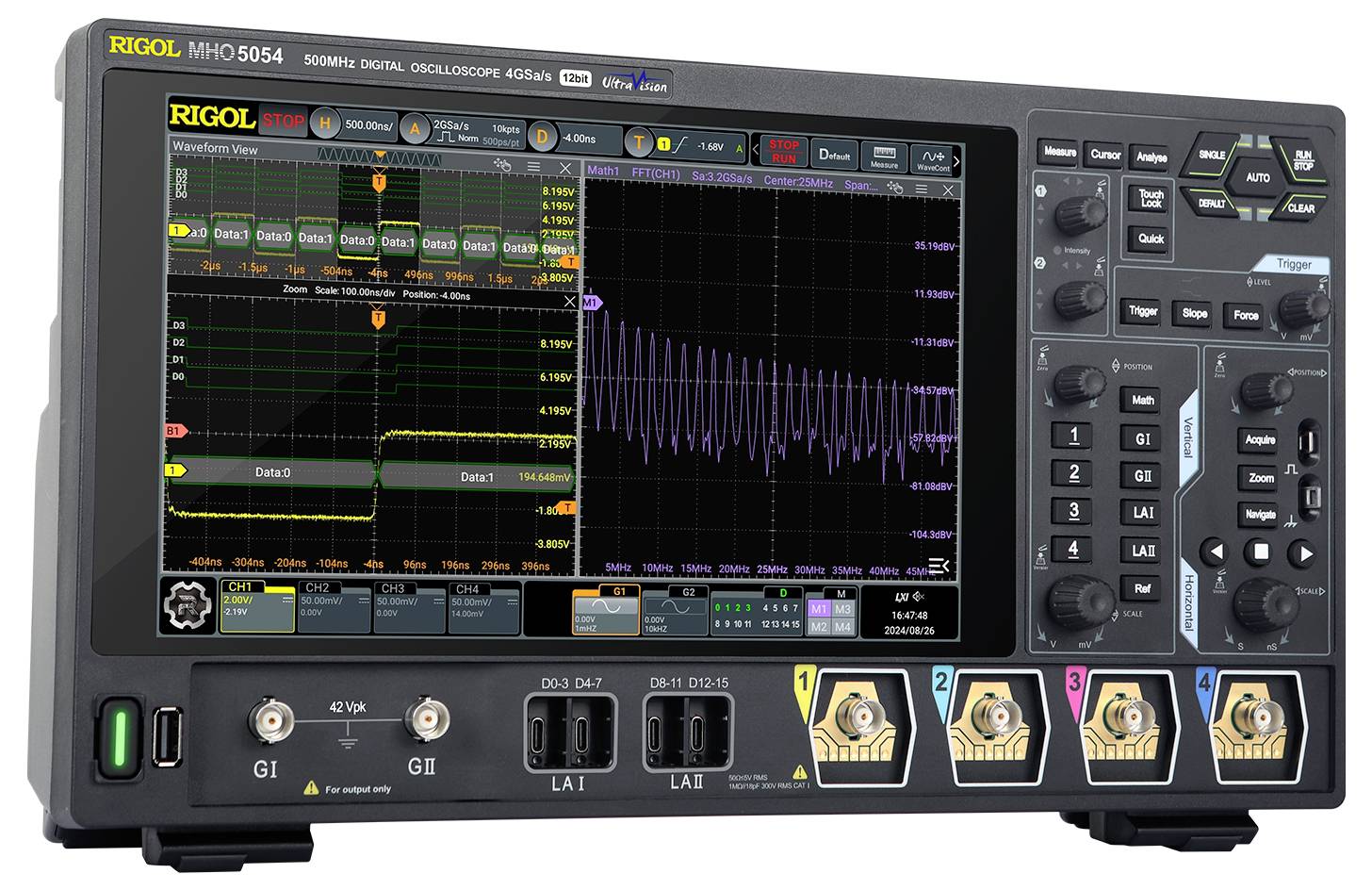 'Digital display oscilloscope; shows curves and measurement values on a large screen to analyse electrical signals.'