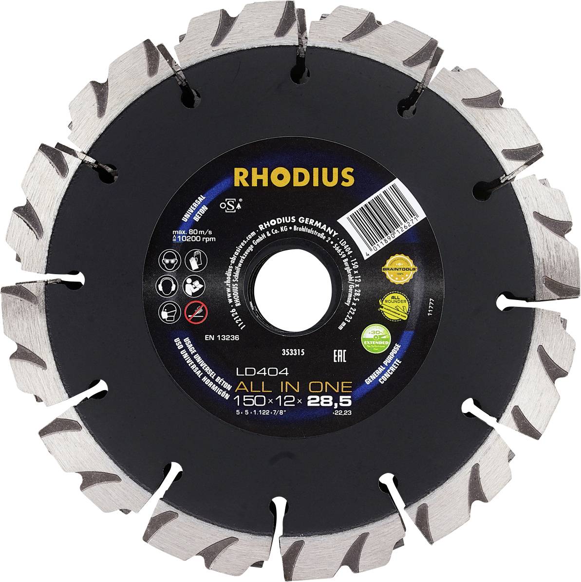 Diamond cutting disc by Rhodius, Model LD404, 150 mm diameter, for precise cutting of materials such as concrete and stone.
