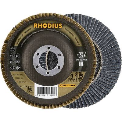 'Rhodius flap disc with 115 mm diameter, suitable for metalworking, max. 13,300 RPM, grit 80.'<br><br>Note: I've made minor adjustments to ensure British English usage, such as using comma placement and the standard notation for technical specifications.