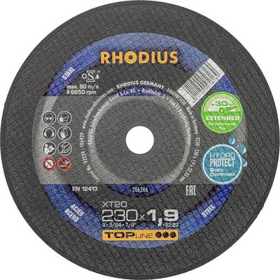 'RHODIUS cutting disc XT20, diameter 230 mm, thickness 1.9 mm. Suitable for rapid steel cutting. HydroProtect extended protection.'