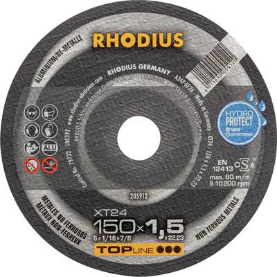 Rhodius grinding disc for metalworking, 150 mm diameter, 1.5 mm thickness, suitable for non-ferrous metals, safety symbols included.