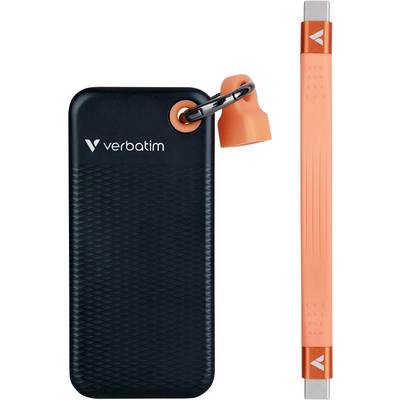 External black hard drive by Verbatim with an orange USB plug with a cap, ideal for data transfer and storage.