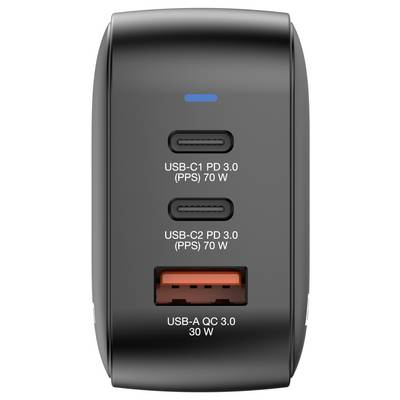 Black charger with two USB-C ports, each supporting 70 W, and a USB-A port with 30 W. All ports are PD 3.0 compatible.
