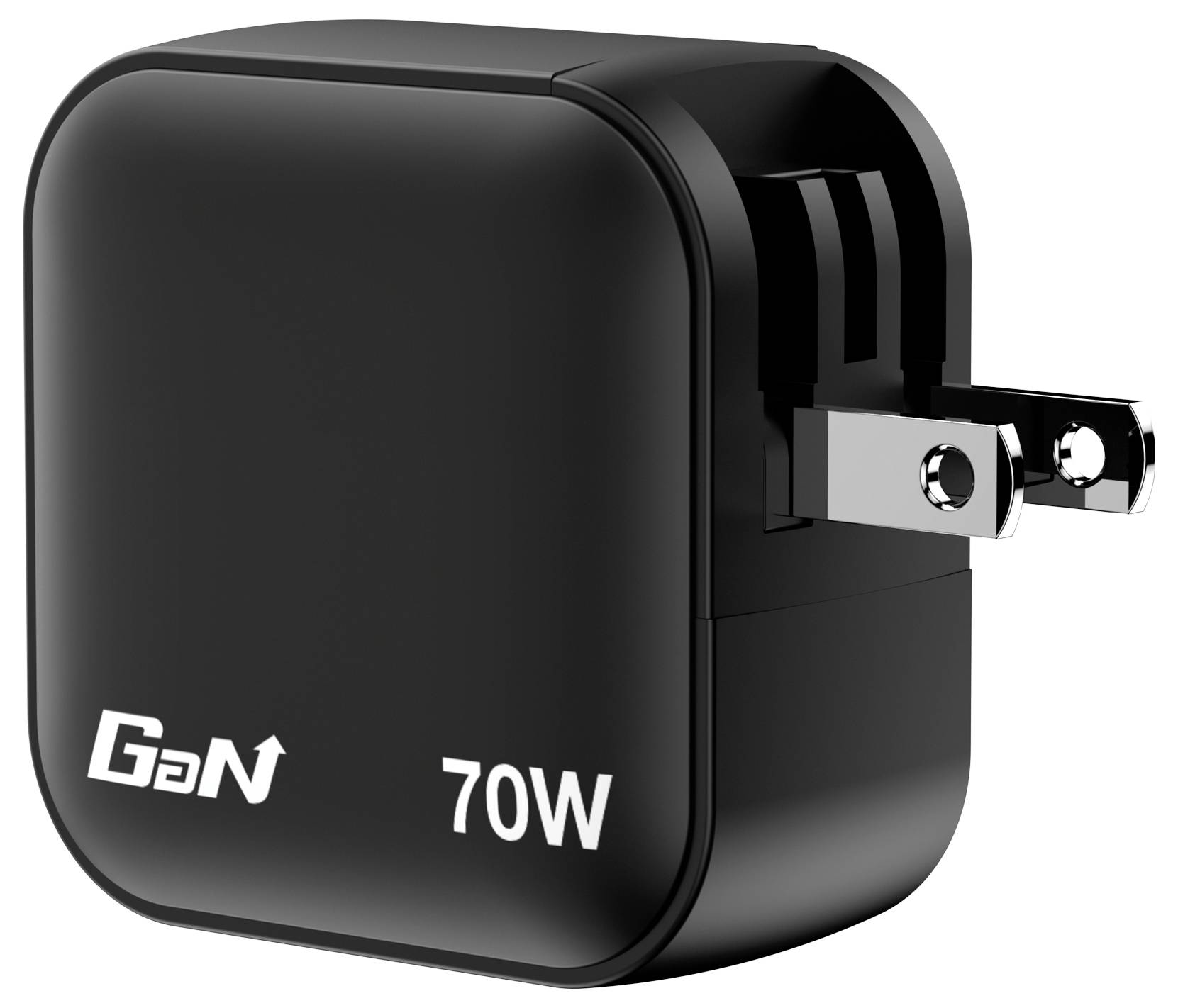 A black GaN charger with '70W' printed on it. It has two metal prongs for the plug socket.