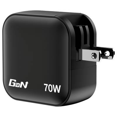 A black GaN charger with '70W' printed on it. It has two metal prongs for the plug socket.