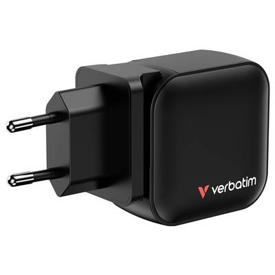 'Black USB charger with Verbatim logo; European plug.'