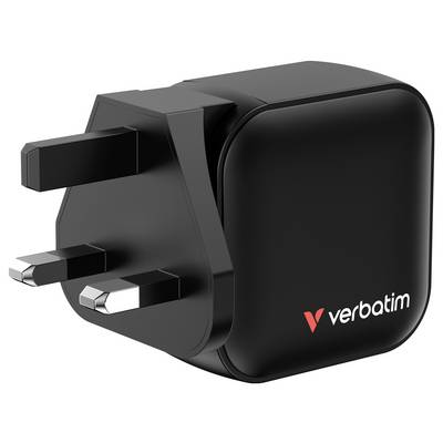 A black charger with three plugs, bearing the 'verbatim' inscription in white and red.