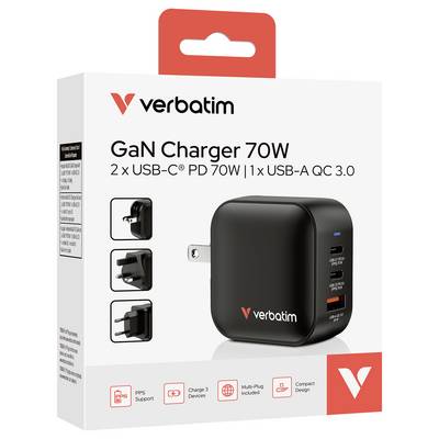 Verbatim GaN Charger 70W: Features 2 USB-C Ports with PD 70W and 1 USB-A QC 3.0. Compact Design, PPS Support, Multi-Plug Included.