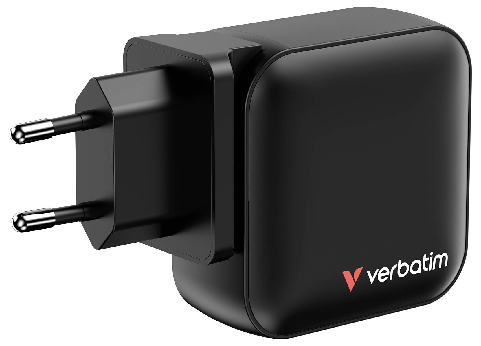 Black Verbatim charging adapter with two European plugs, suitable for electronic devices, identifiable by the red 'verbatim' logo on the side.