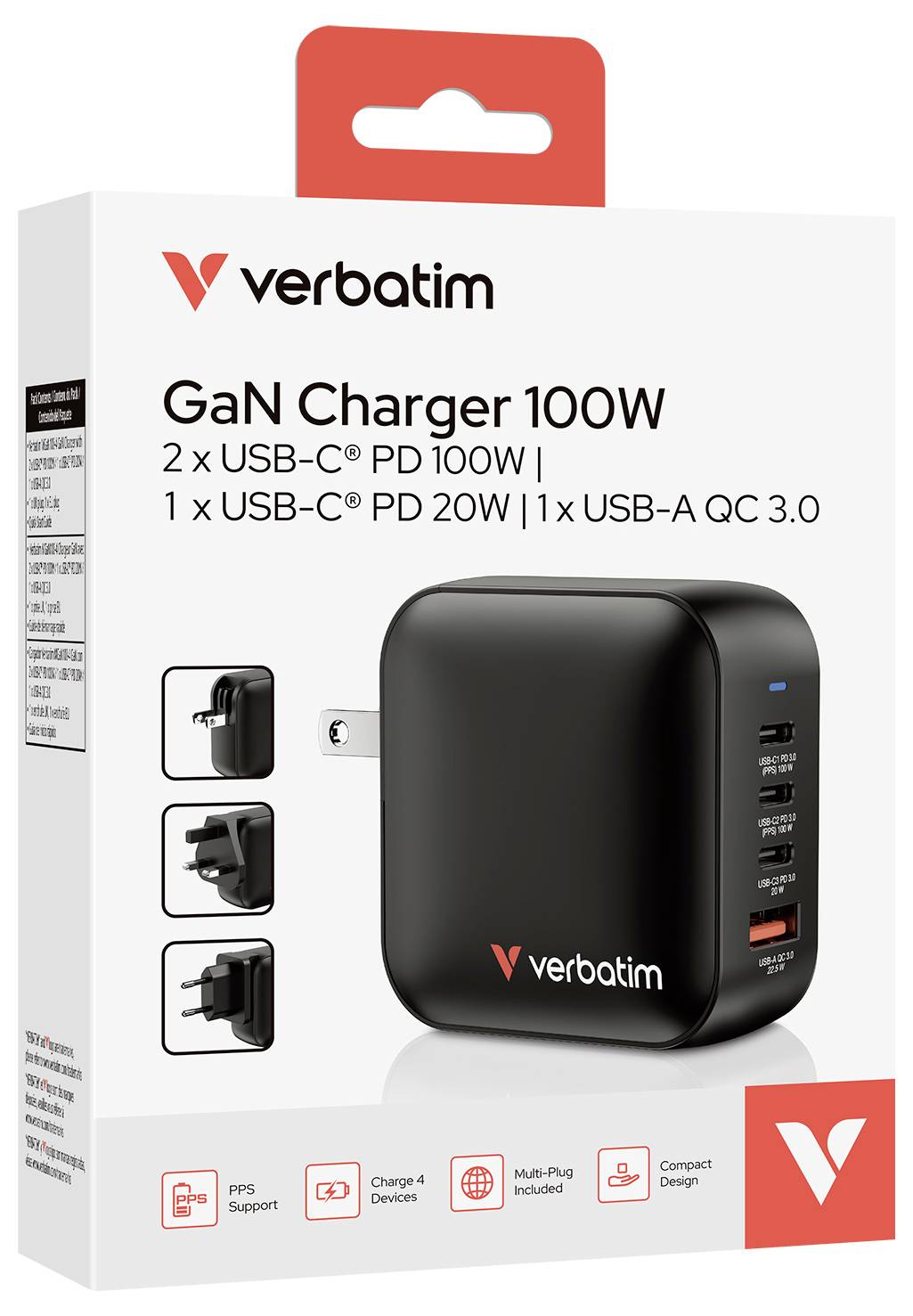 'Verbatim GaN Charger 100W' packaging. A black charger with three ports: 2x USB-C PD and 1x USB-A QC 3.0. Includes two interchangeable plugs.