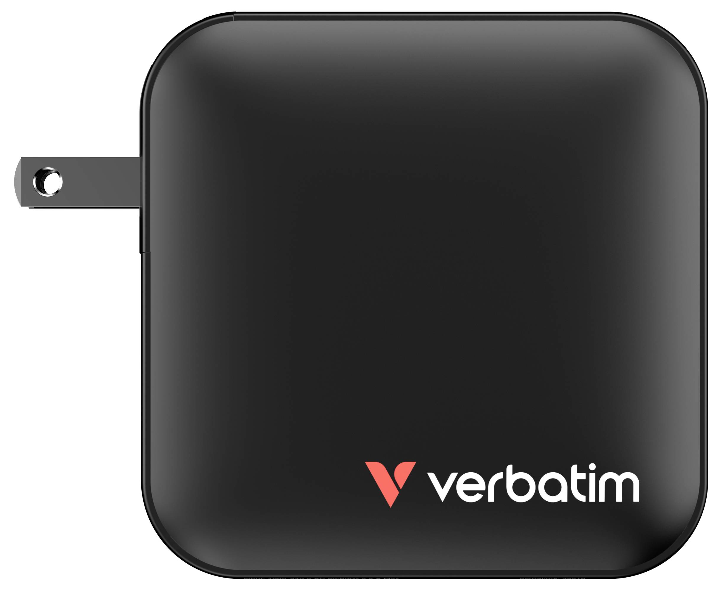 Black, square charger with built-in folding plug. Brand logo 'verbatim' in white and red on the front.