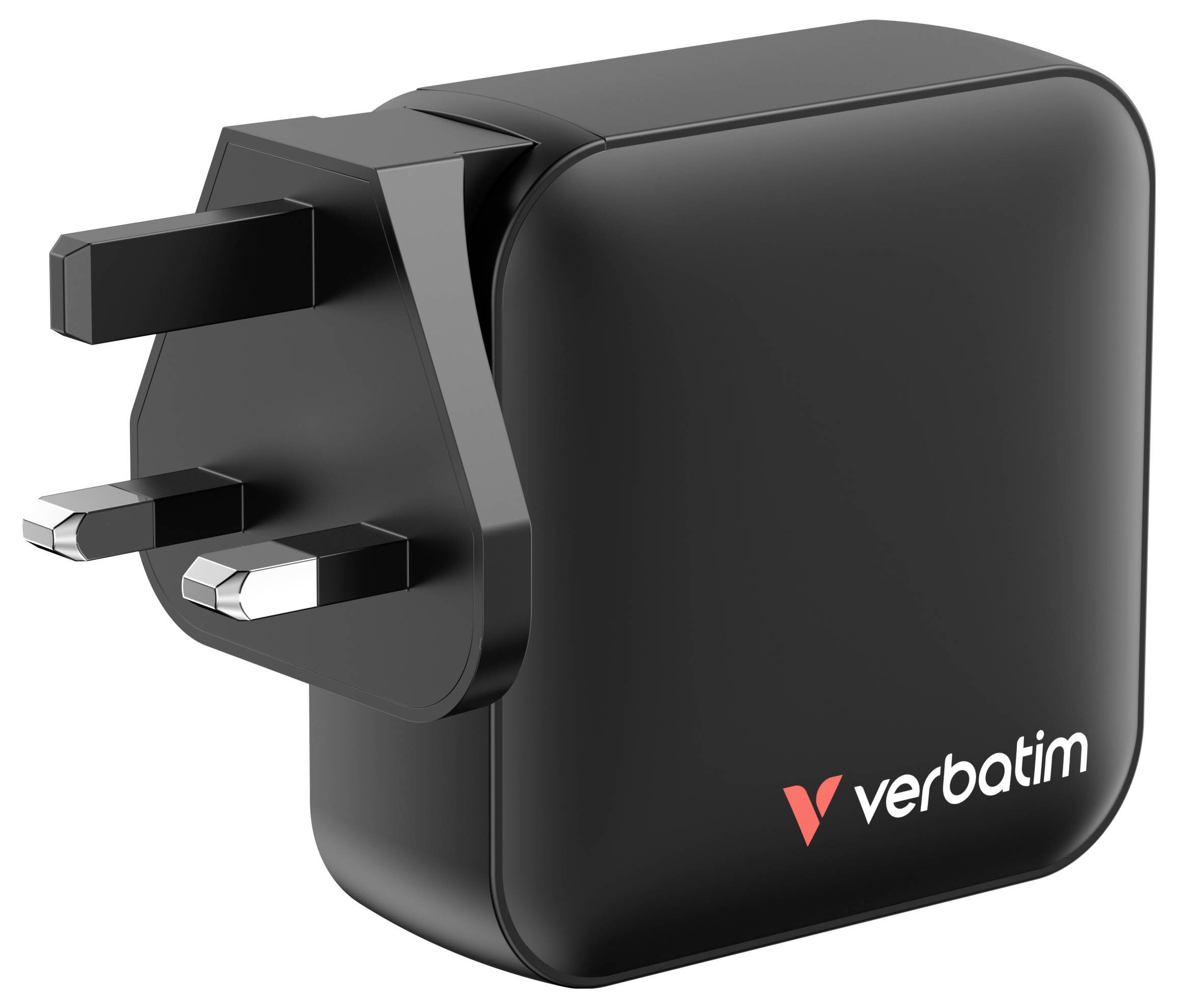 Black network adapter with British plug and Verbatim logo, suitable for charging electronic devices.