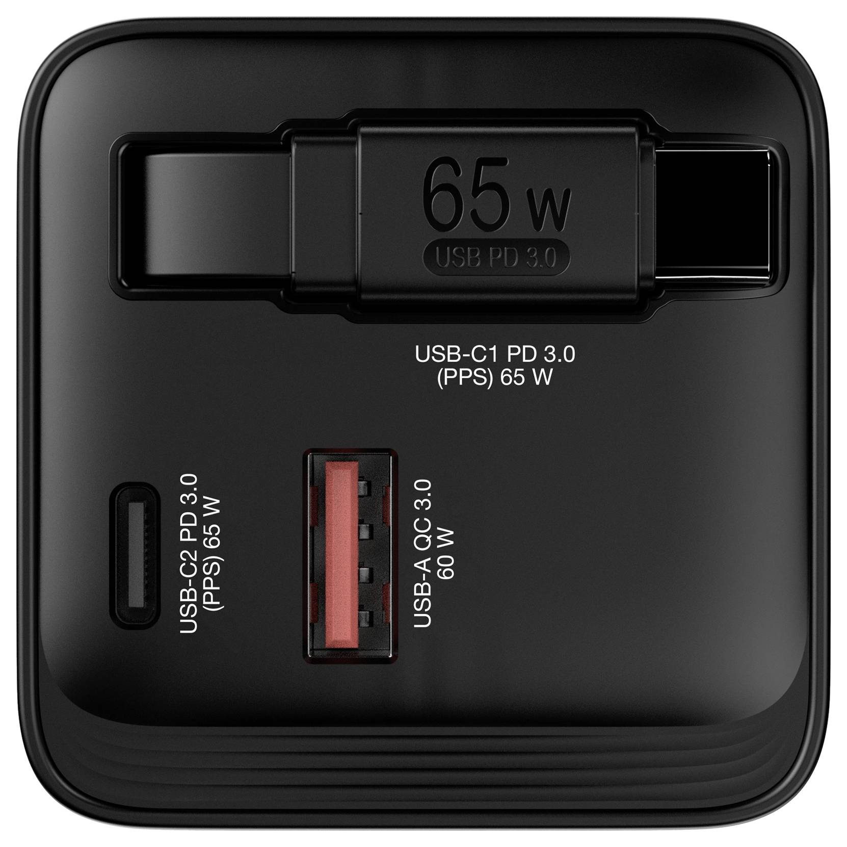 Black charger with three ports: USB-C1 (65 W), USB-C2 (60 W), USB-A (60 W). Labelling on top: '65 W USB PD 3.0'.