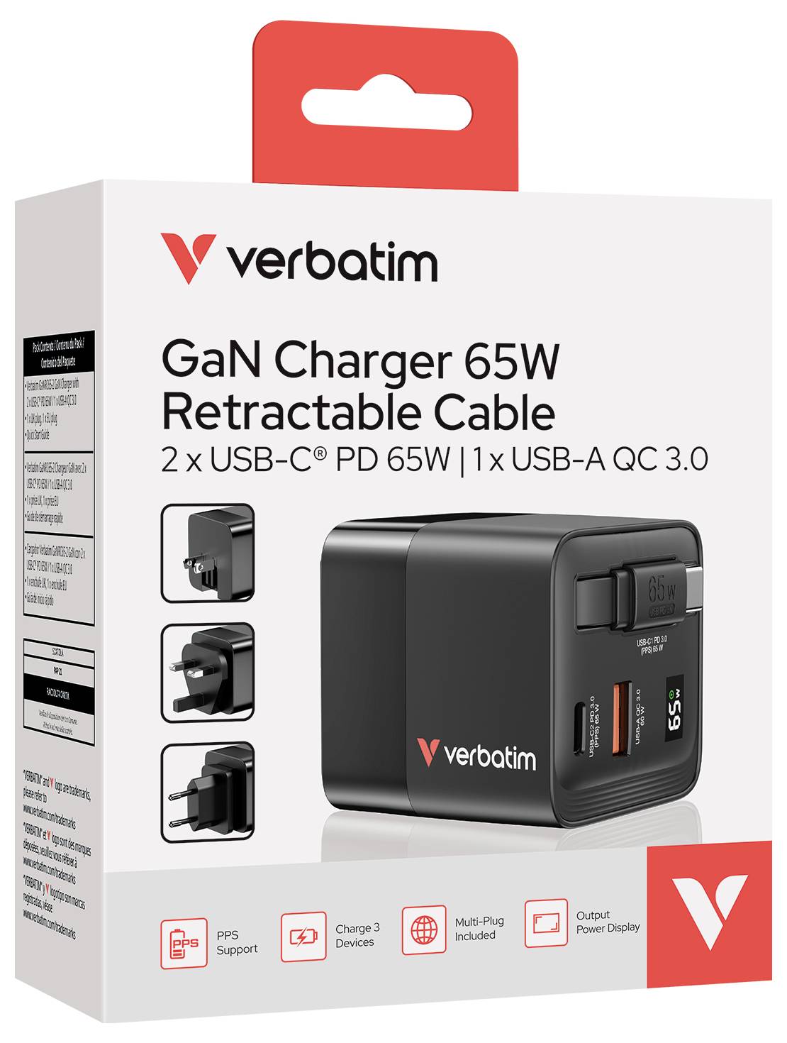 Packaging for Verbatim's GaN Charger 65W. Includes 2 USB-C PD 65W and 1 USB-A QC 3.0 ports, with a detachable cable.