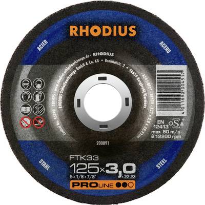 'RHODIUS' cutting disc for steel, 125 mm diameter, 3 mm thickness, max. 80 m/s speed, for use with angle grinders.