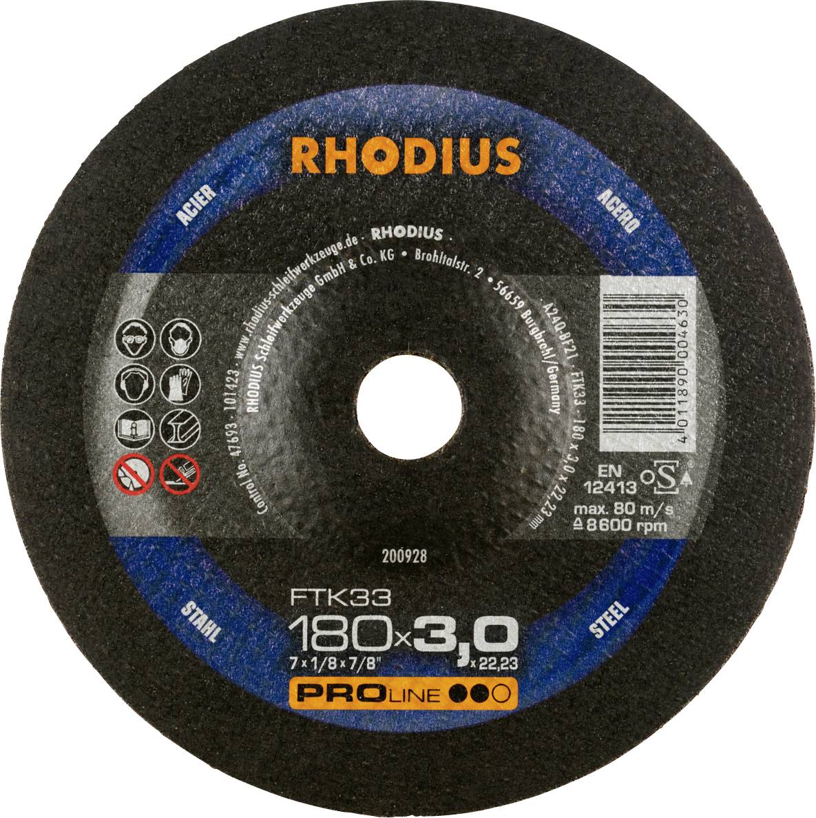 Circular disc with the inscription 'RHODIUS', suitable for steel. Diameter: 180 mm, thickness: 3 mm. Maximum speed: 8,500 rpm.
