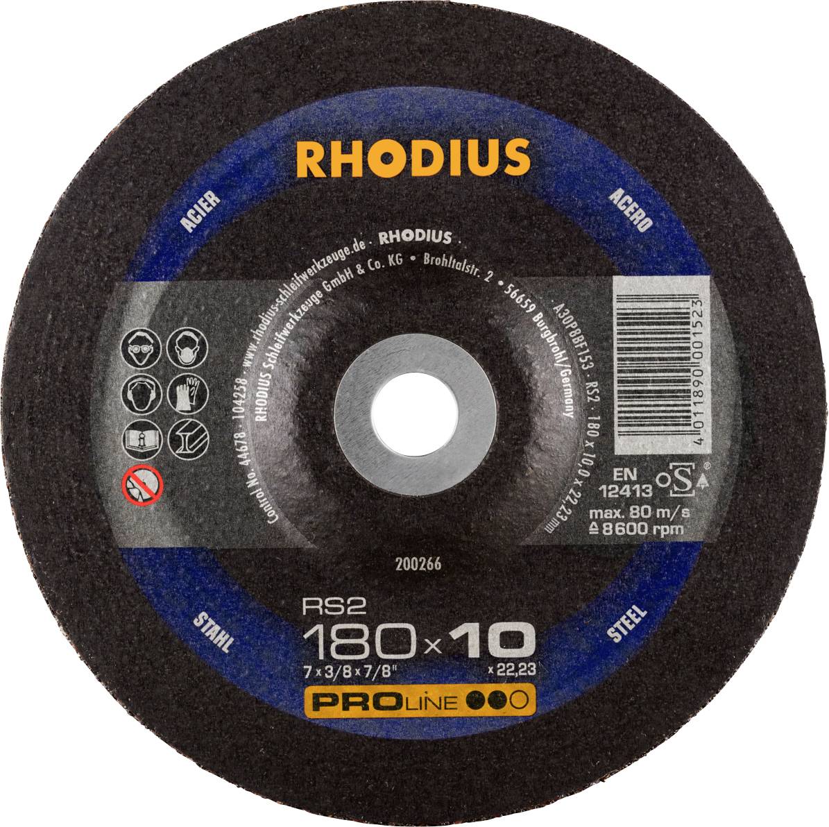 Cutting disc Proline RS2 180x10 for steel by Rhodius with blue lettering and symbols indicating suitable materials and safety instructions.