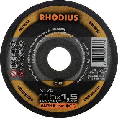 'RHODIUS cutting disc for stainless steel, diameter 115 mm, thickness 1.5 mm. Model XT70, maximum rotational speed 13,285 rpm.'