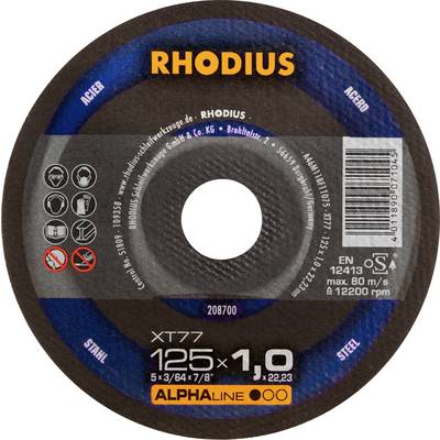 Rhodius grinding disc, 125 mm diameter, suitable for steel. Maximum speed 80 m/s, maximum rotational speed 12,200 rpm.