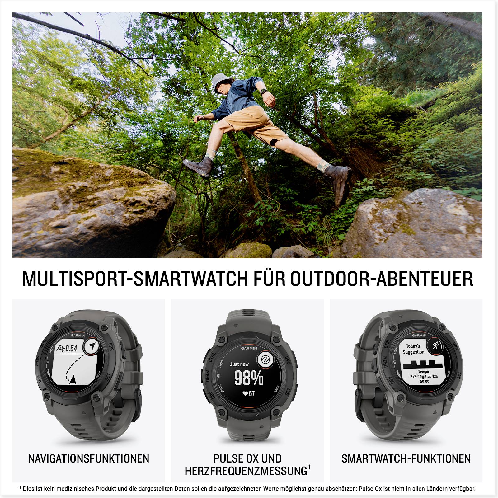 A man jumps between rocks in the forest. Below are three smartwatch images with texts: 'Navigation Functions', 'Pulse OX and Heart Rate Monitoring', 'Smartwatch Features'.