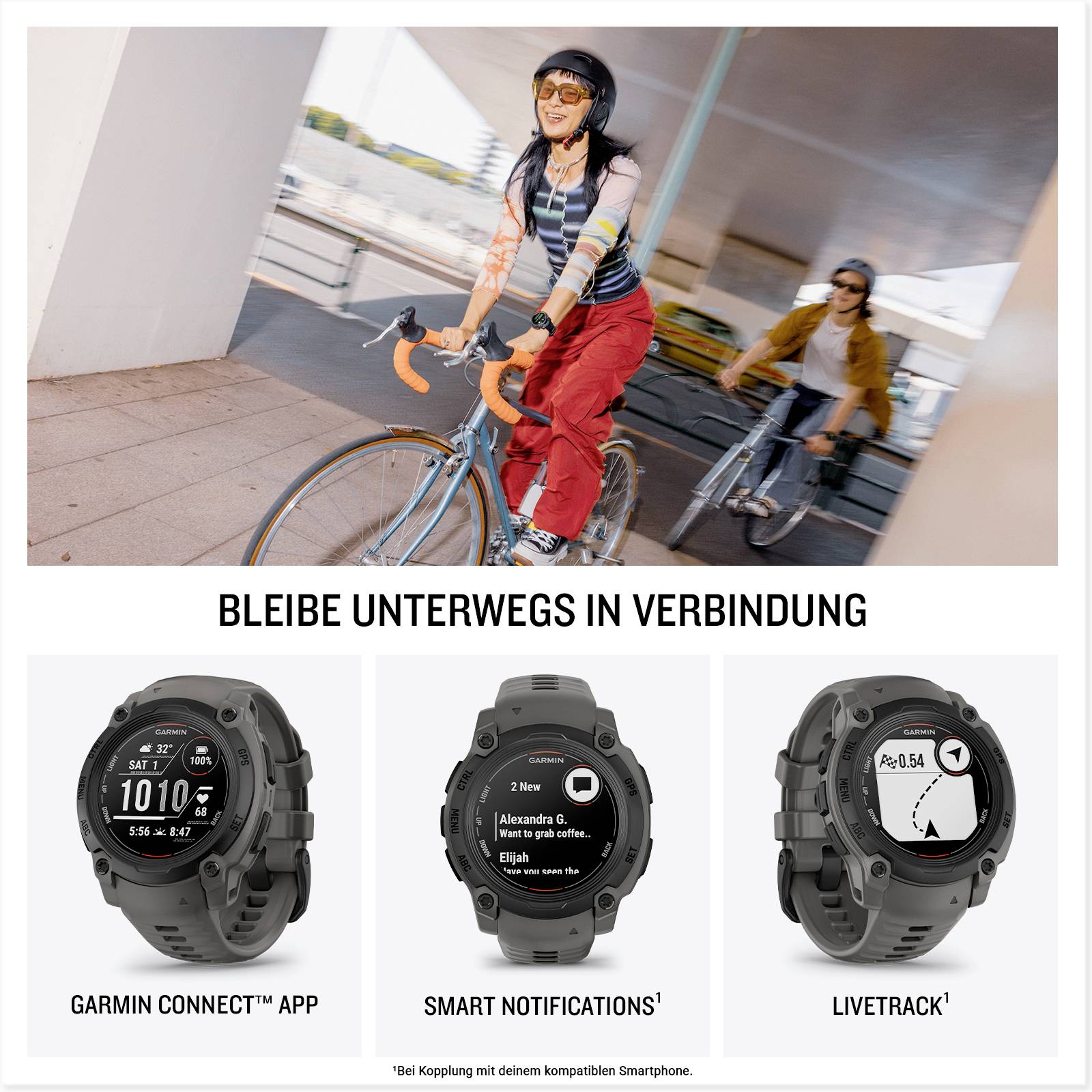Two cyclists, a man and a woman, are riding side by side. Below are three smartwatch features: Garmin Connect App, Smart Notifications, Livetrack.